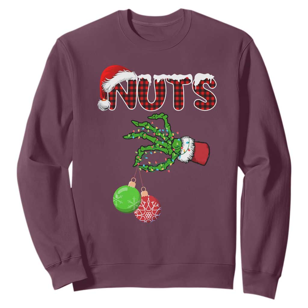 Funny Couples Christmas Sweatshirt Chest And Nuts Matching Holiday Skeleton Hand TS10 Maroon Print Your Wear