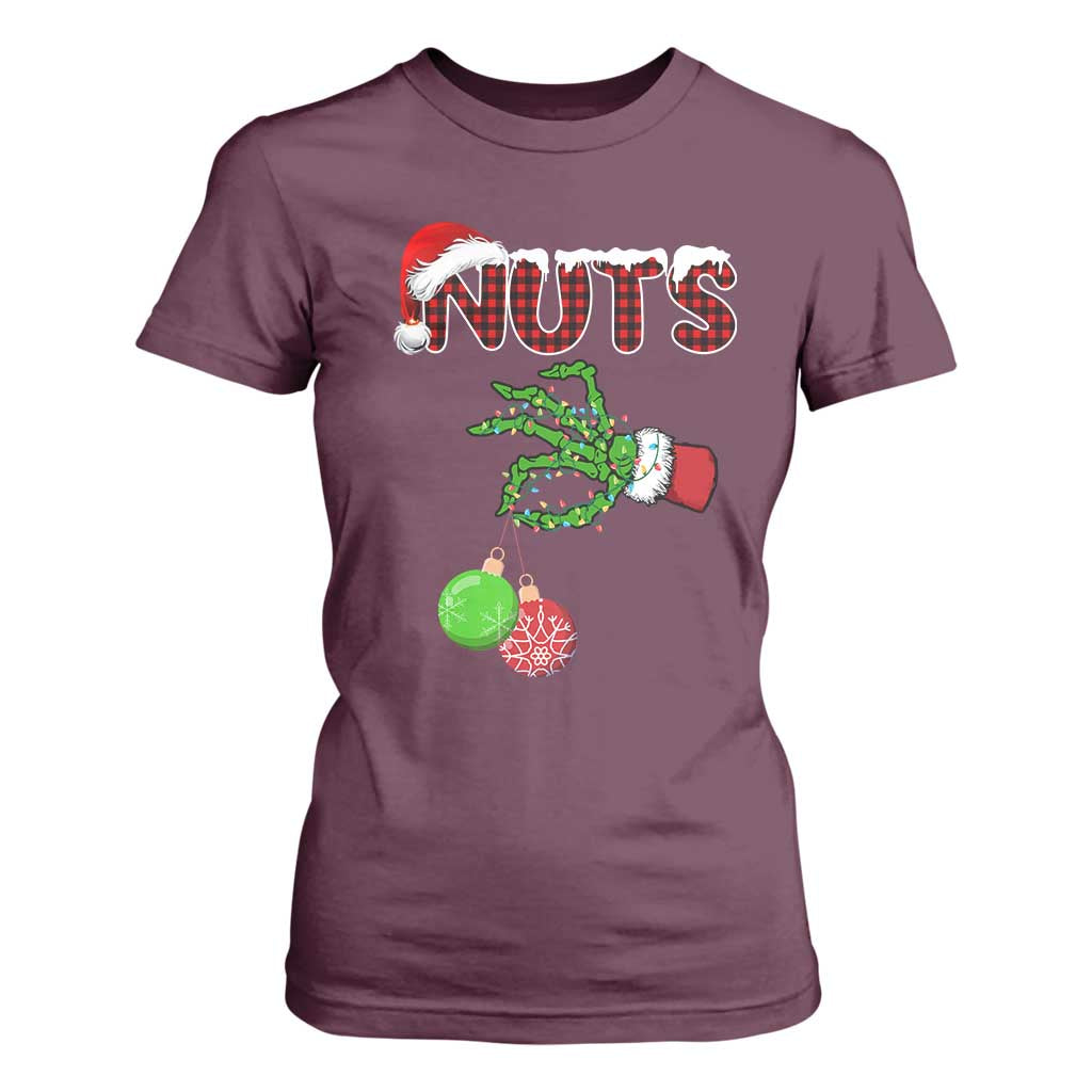 Funny Couples Christmas T Shirt For Women Chest And Nuts Matching Holiday Skeleton Hand TS10 Maroon Print Your Wear
