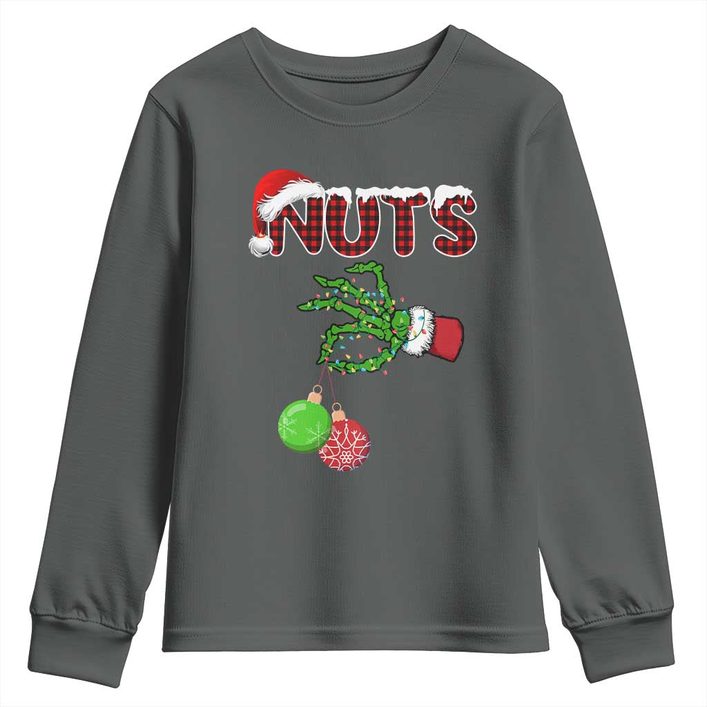 Funny Couples Christmas Youth Sweatshirt Chest And Nuts Matching Holiday Skeleton Hand TS10 Dark Heather Print Your Wear
