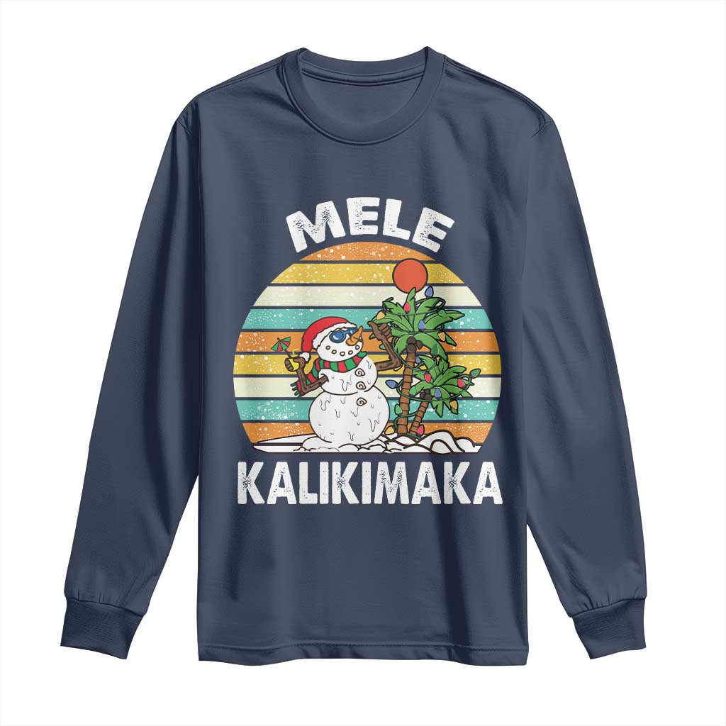 Vintage Cute Mele Kalikimaka Christmas Long Sleeve Shirt Funny Snowman Palm Tree Beach Tropical Xmas TS10 Navy Print Your Wear
