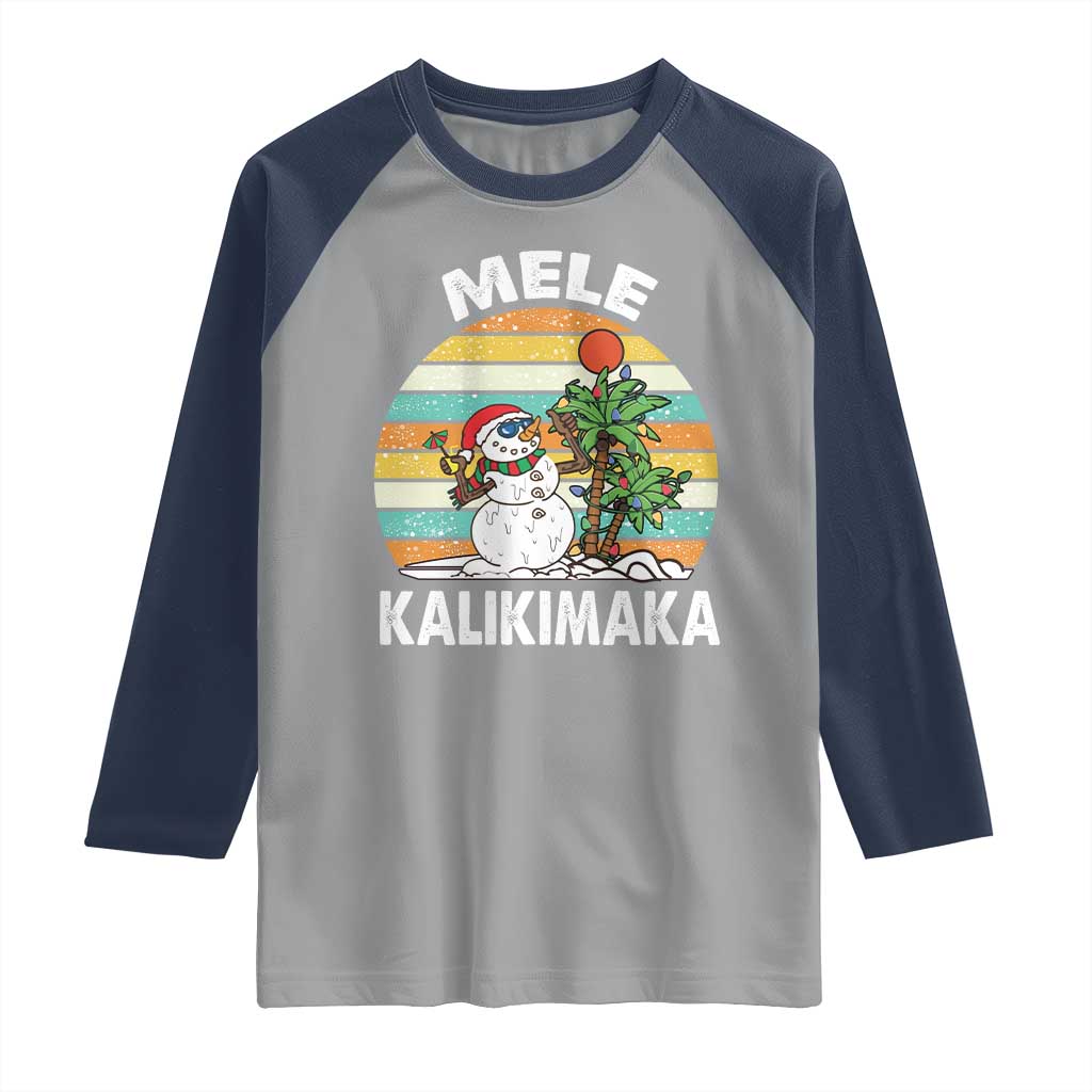 Vintage Cute Mele Kalikimaka Christmas Raglan Shirt Funny Snowman Palm Tree Beach Tropical Xmas TS10 Sport Gray Navy Print Your Wear