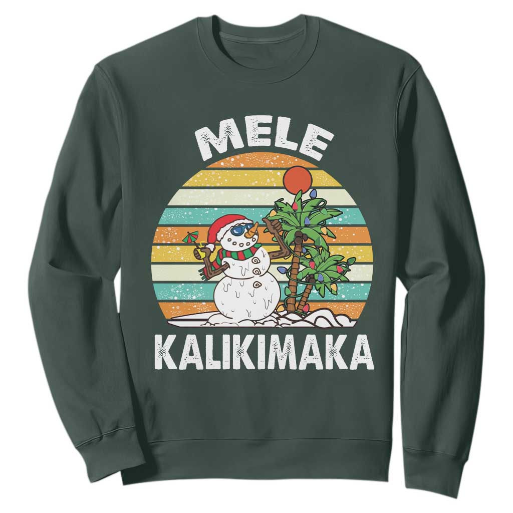 Vintage Cute Mele Kalikimaka Christmas Sweatshirt Funny Snowman Palm Tree Beach Tropical Xmas TS10 Dark Forest Green Print Your Wear