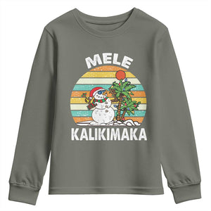 Vintage Cute Mele Kalikimaka Christmas Youth Sweatshirt Funny Snowman Palm Tree Beach Tropical Xmas TS10 Military Green Print Your Wear