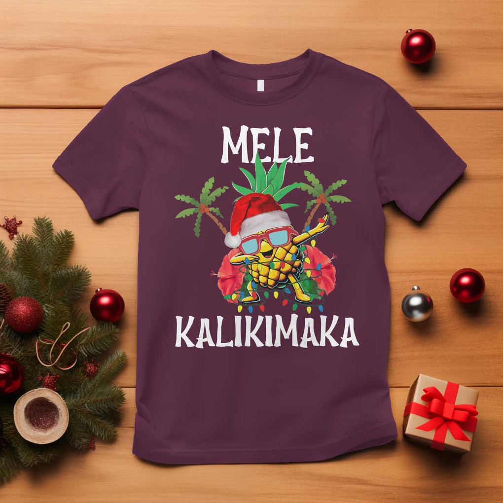 Hawaii Christmas T Shirt Mele Kalikimaka Hawaiian Pineapple Xmas Lights Santa Hat TS10 Maroon Print Your Wear