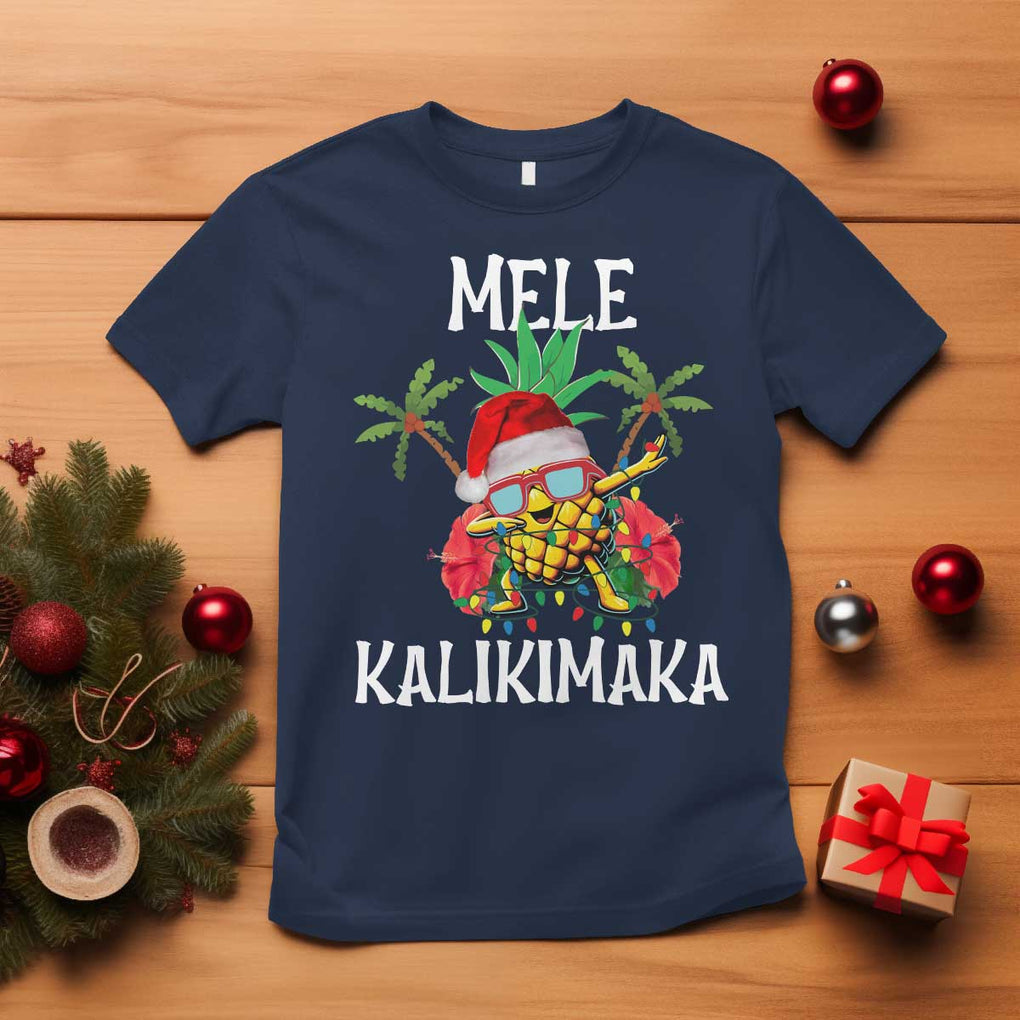 Hawaii Christmas T Shirt Mele Kalikimaka Hawaiian Pineapple Xmas Lights Santa Hat TS10 Navy Print Your Wear