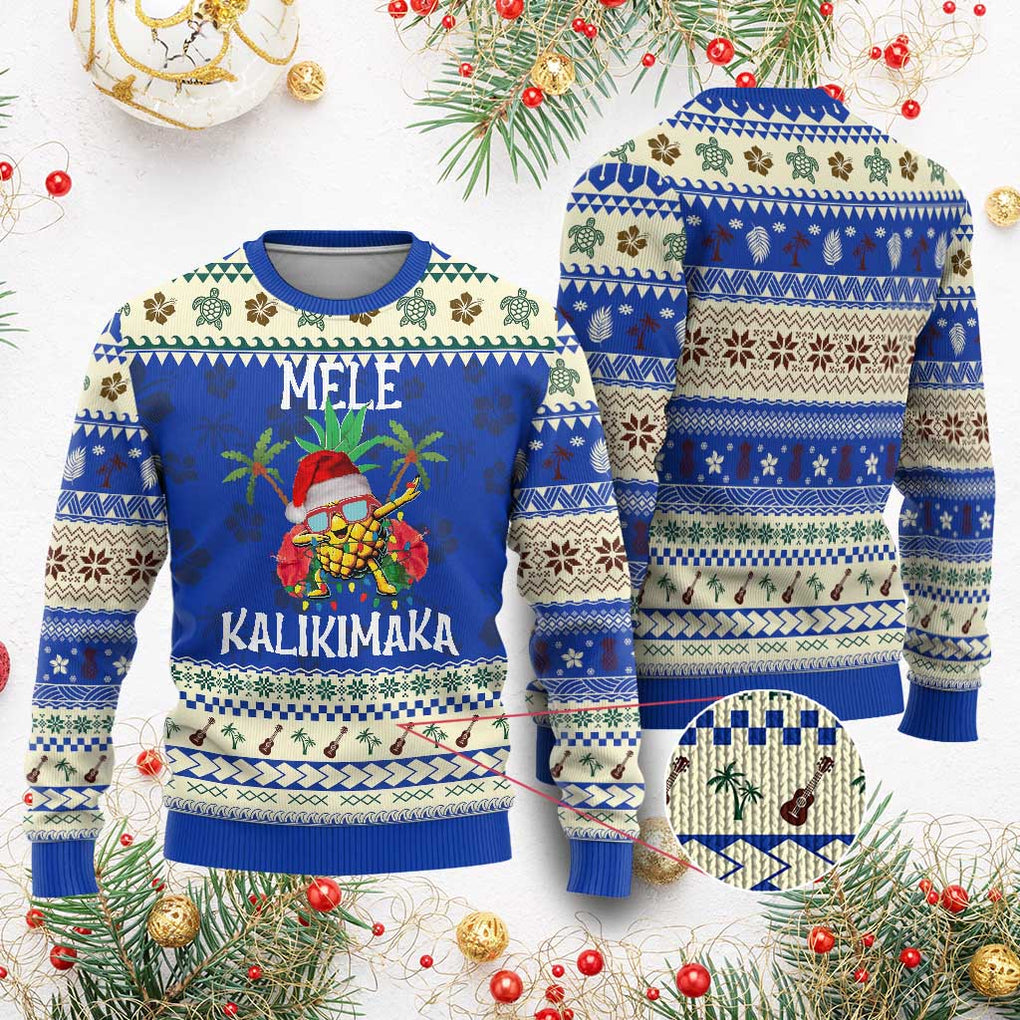 Hawaii Xmas Ugly Christmas Sweater Mele Kalikimaka Hawaiian Pineapple Xmas Lights Santa Hat TS10 Blue Print Your Wear
