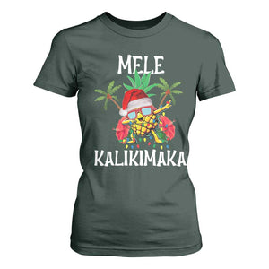 Hawaii Christmas T Shirt For Women Mele Kalikimaka Hawaiian Pineapple Xmas Lights Santa Hat TS10 Dark Forest Green Print Your Wear