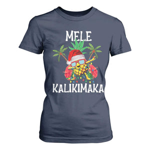 Hawaii Christmas T Shirt For Women Mele Kalikimaka Hawaiian Pineapple Xmas Lights Santa Hat TS10 Navy Print Your Wear