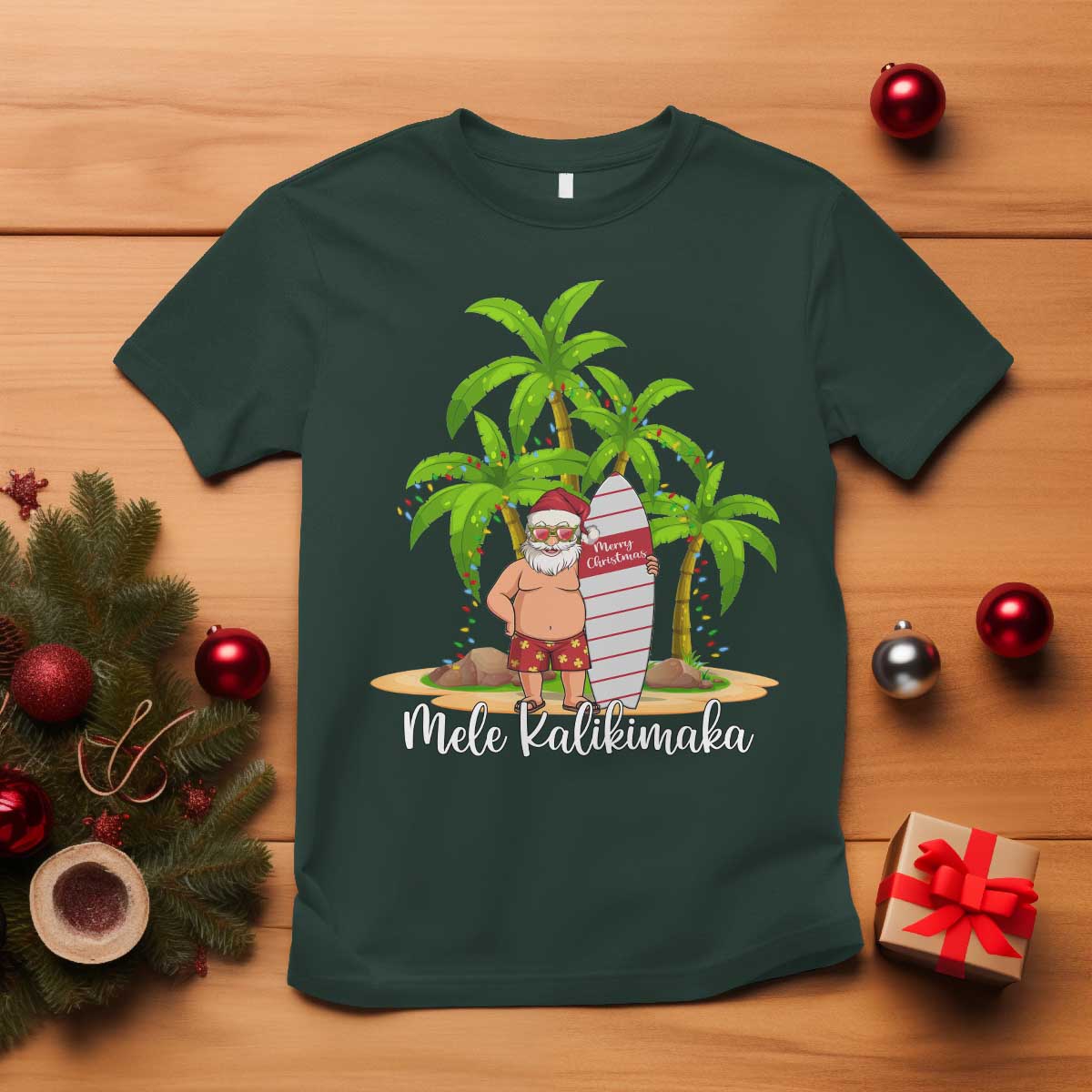 Mele Kalikimaka Hawaiian Christmas T Shirt Hawaii Santa Xmas Beach Family Vacation TS10 Dark Forest Green Print Your Wear