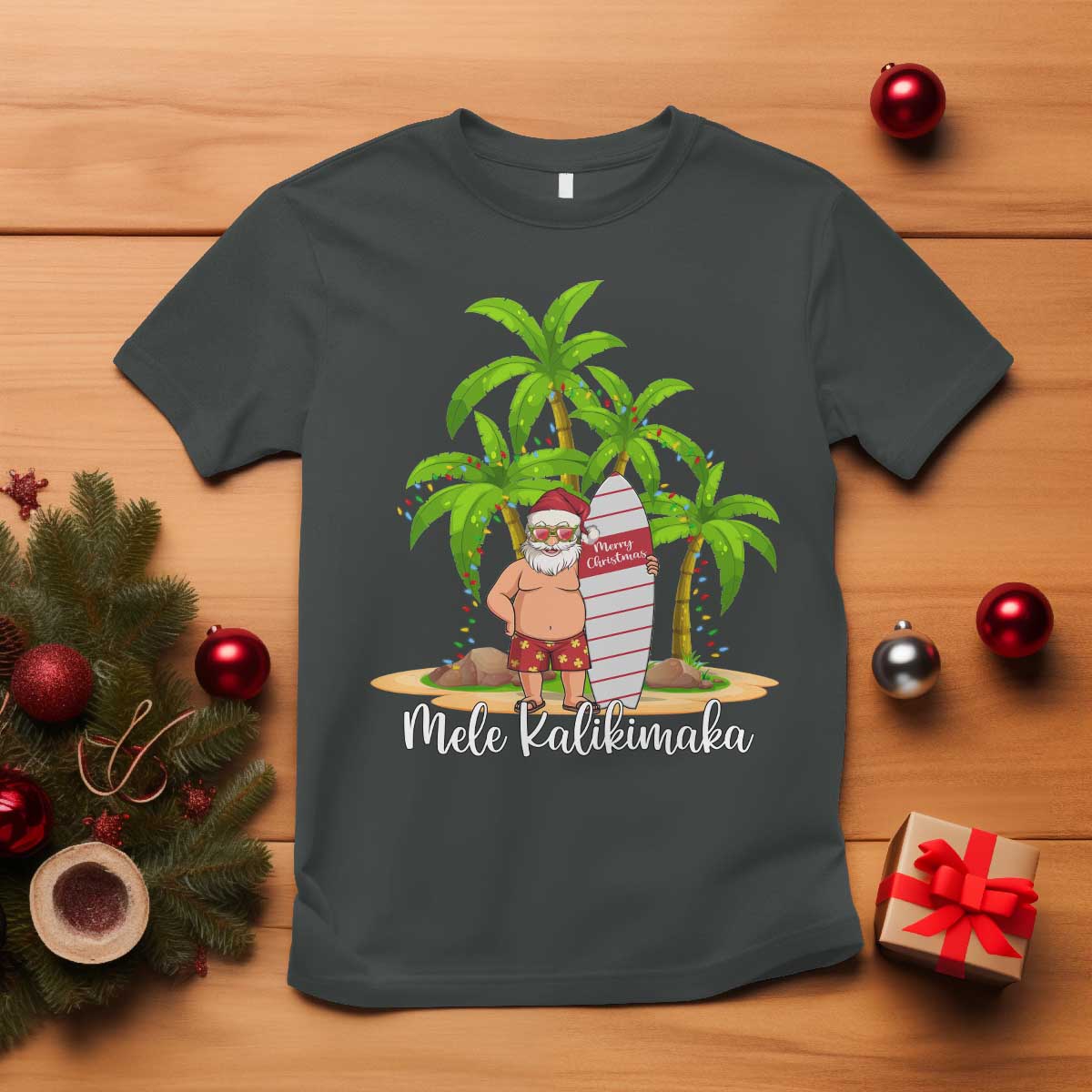 Mele Kalikimaka Hawaiian Christmas T Shirt Hawaii Santa Xmas Beach Family Vacation TS10 Dark Heather Print Your Wear