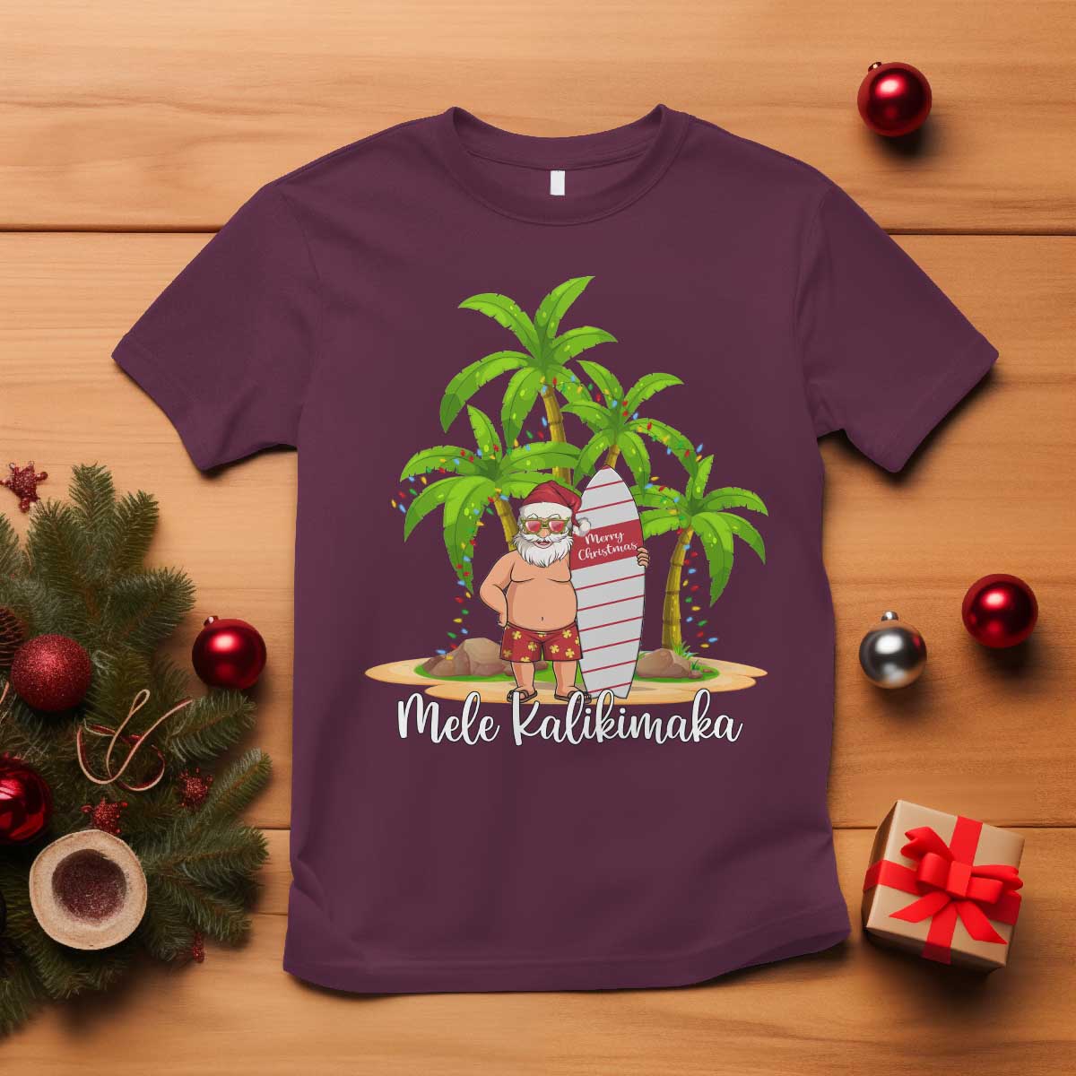 Mele Kalikimaka Hawaiian Christmas T Shirt Hawaii Santa Xmas Beach Family Vacation TS10 Maroon Print Your Wear