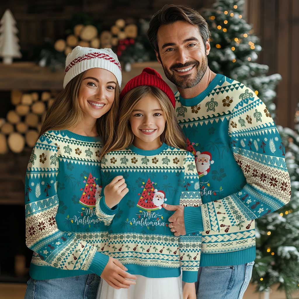 Mele Kalikimaka Hawaiian Ugly Christmas Sweater Watermelon Summer Tree Tropical Hawaii Santa Xmas Gift Family Holiday TS10 Teal Print Your Wear