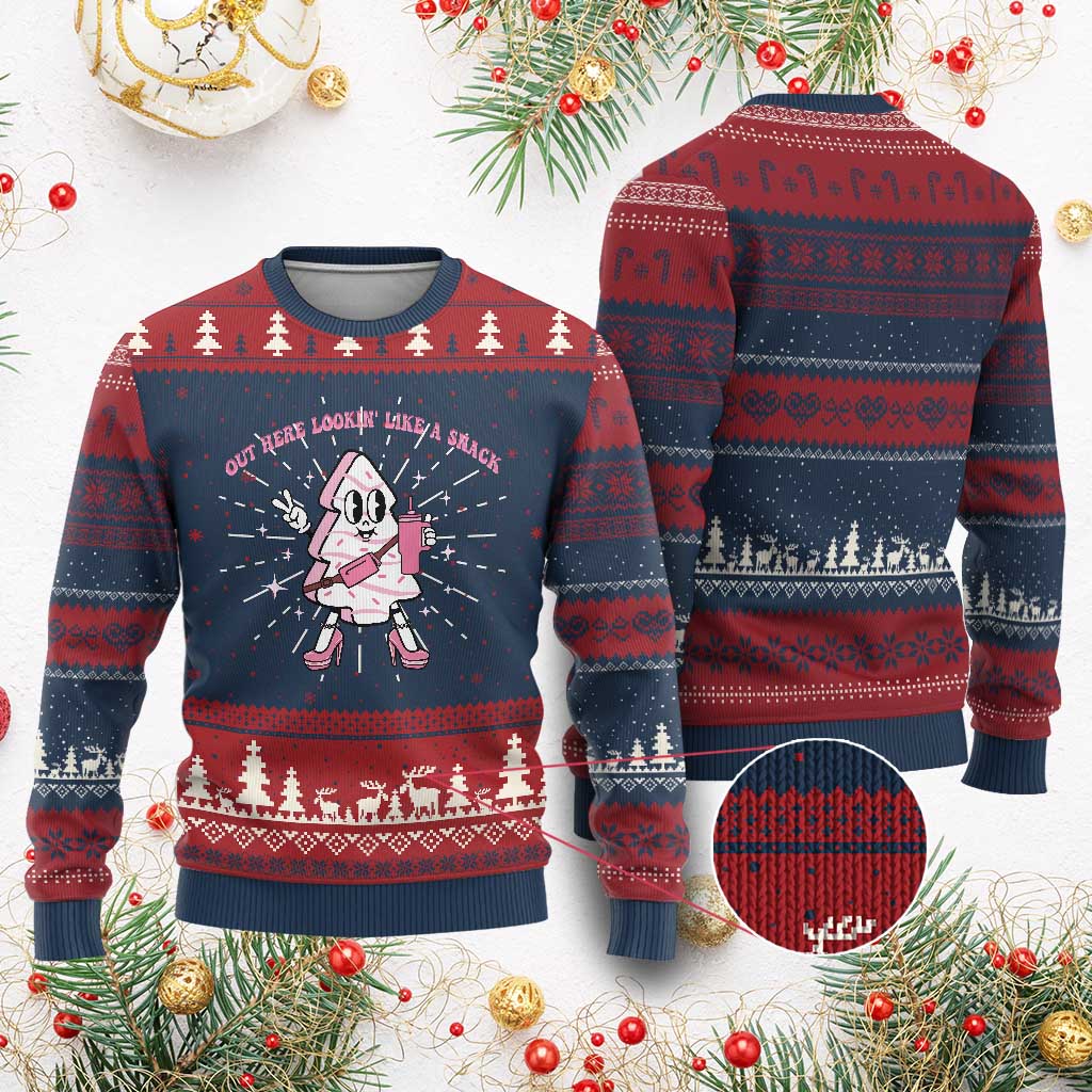 Pink Christmas Tree Cake Ugly Christmas Sweater Out Here Lookin Like A Snack Boujee Xmas TS10 Burgundy Print Your Wear