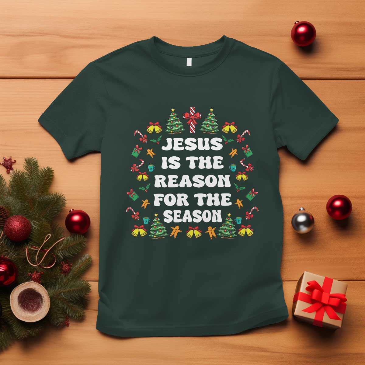 Christian Christmas T Shirt Ugly Christmas Sweaters Jesus Is The Reason For The Season TS10 Dark Forest Green Print Your Wear