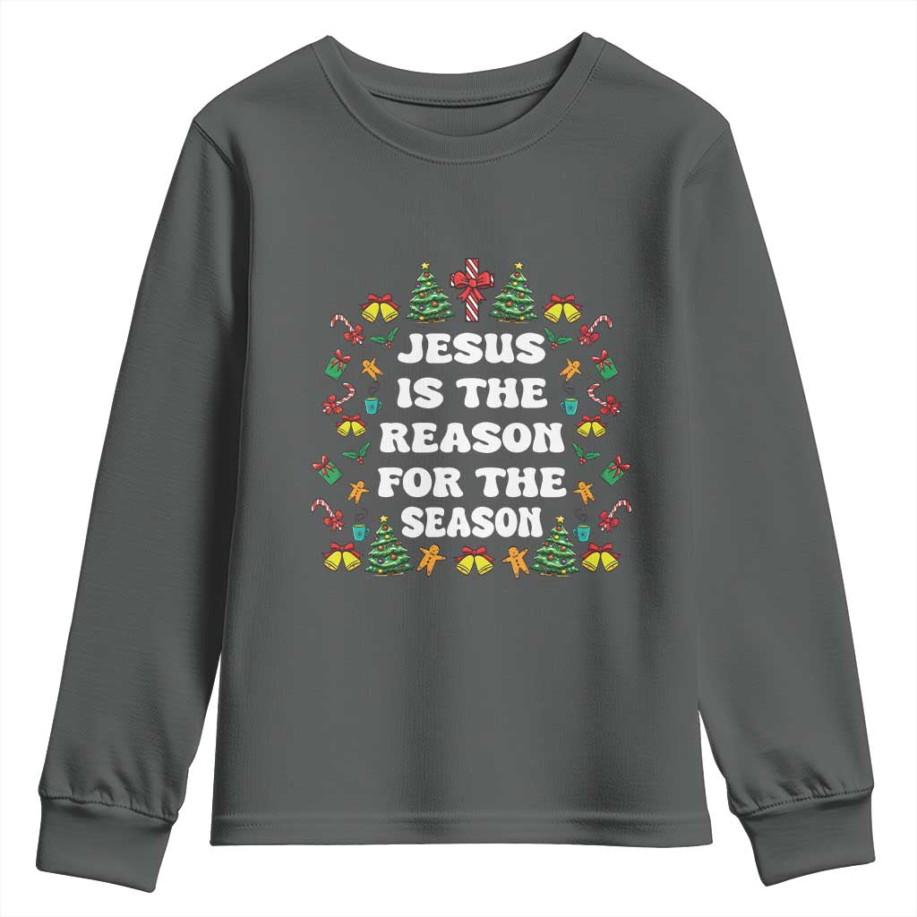 Christian Christmas Youth Sweatshirt Ugly Christmas Sweaters Jesus Is The Reason For The Season TS10 Dark Heather Print Your Wear