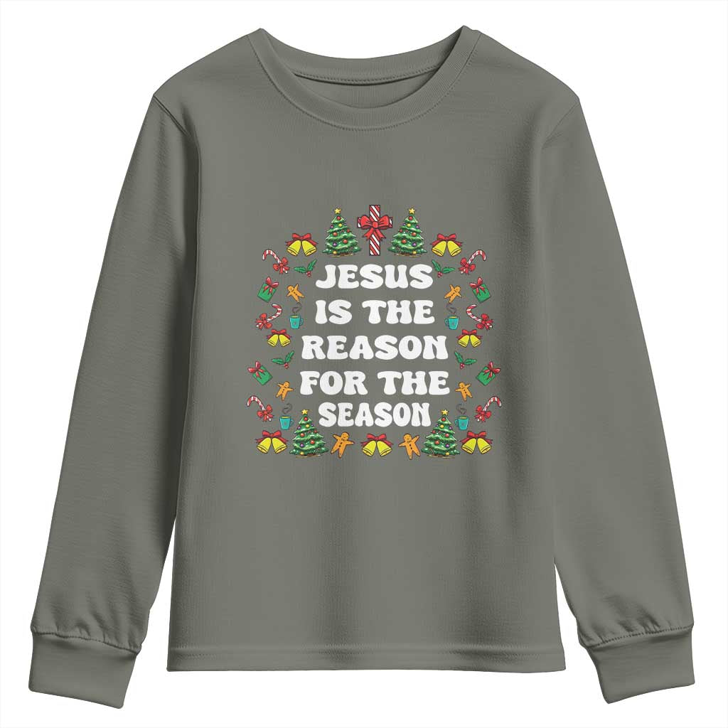 Christian Christmas Youth Sweatshirt Ugly Christmas Sweaters Jesus Is The Reason For The Season TS10 Military Green Print Your Wear