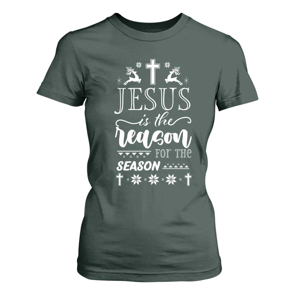 Christian Christmas T Shirt For Women Jesus Is The Reason For The Season Xmas Faith TS10 Dark Forest Green Print Your Wear