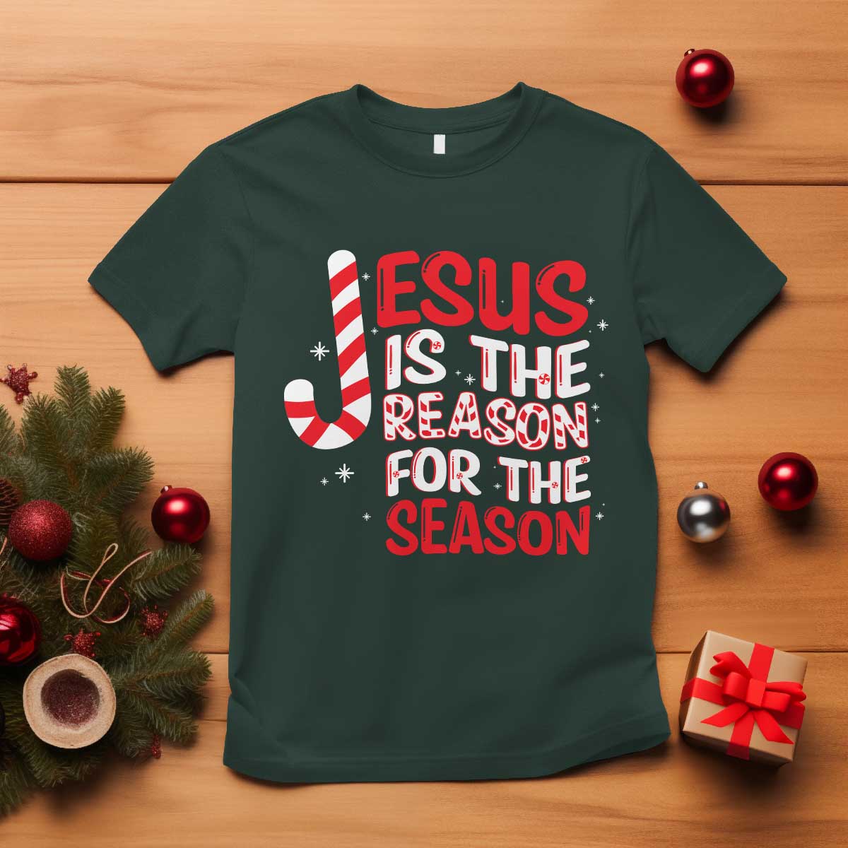 Christian Christmas T Shirt Jesus Is The Reason For The Season TS10 Dark Forest Green Print Your Wear