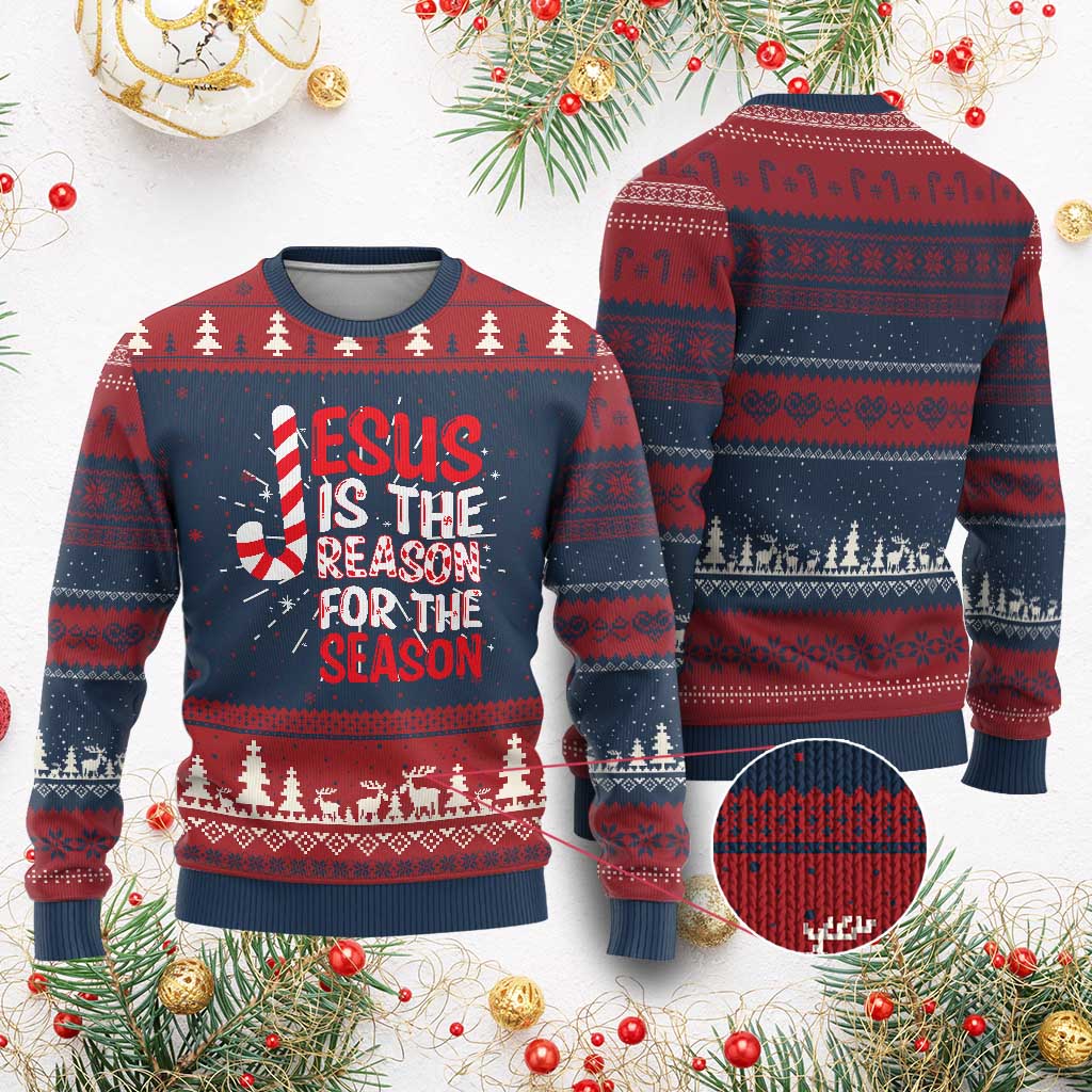 Christian Christmas Knit Sweatshirt Jesus Is The Reason For The Season TS10 Burgundy Print Your Wear