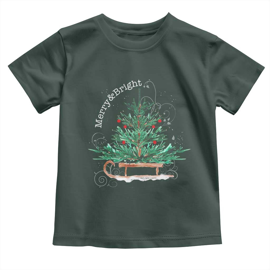 Merry and Bright Christmas Sleigh Baby Shirt TS10 Dark Forest Green Print Your Wear