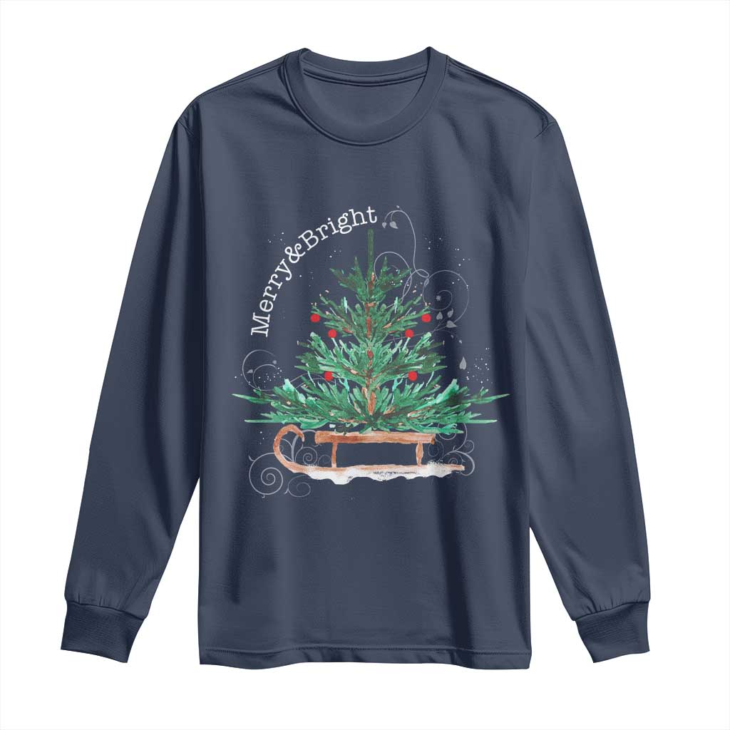 Merry and Bright Christmas Sleigh Long Sleeve Shirt TS10 Navy Print Your Wear