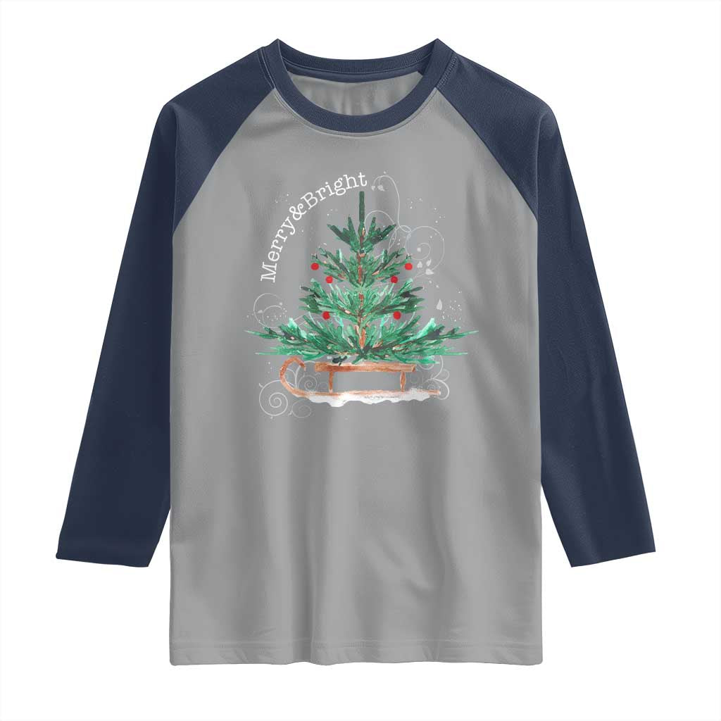 Merry and Bright Christmas Sleigh Raglan Shirt TS10 Sport Gray Navy Print Your Wear