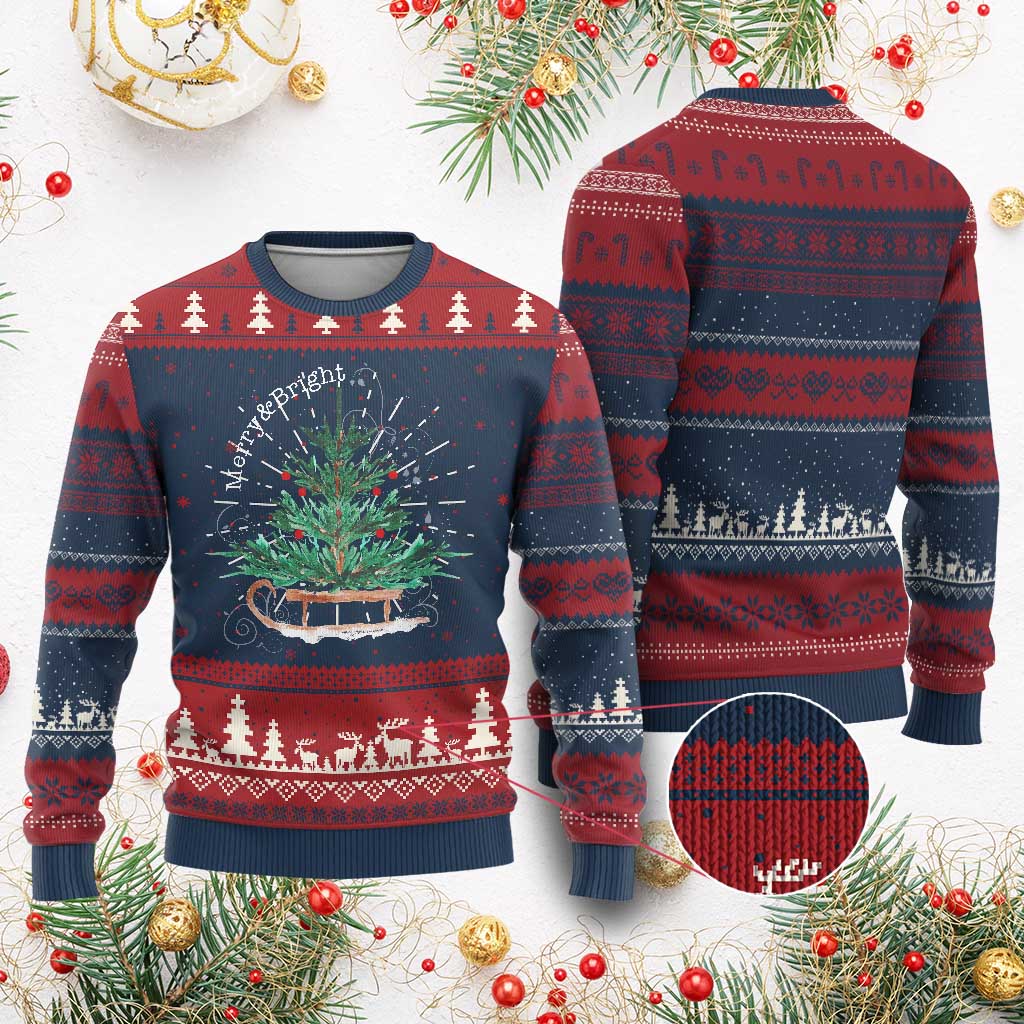 Merry & Bright Christmas Sleigh Ugly Christmas Sweater TS10 Burgundy Print Your Wear