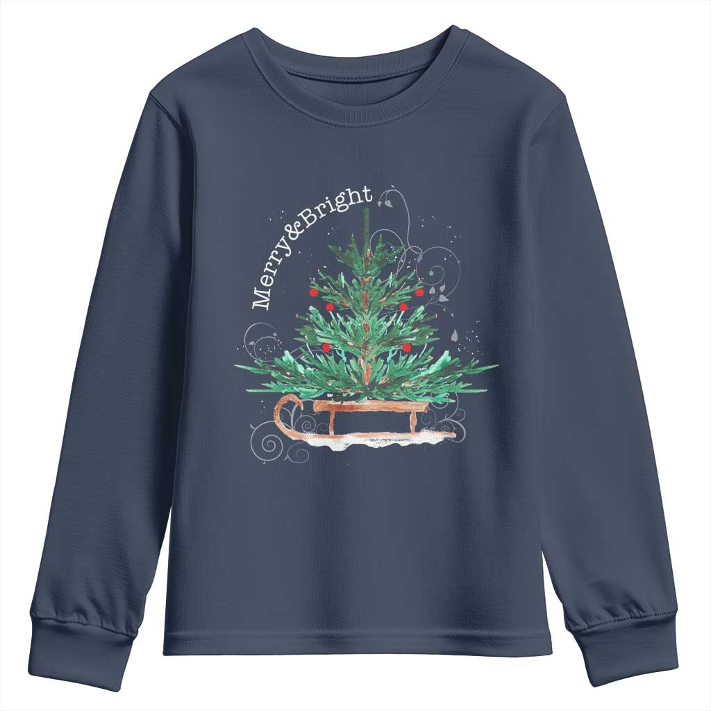Merry and Bright Christmas Sleigh Youth Sweatshirt TS10 Navy Print Your Wear
