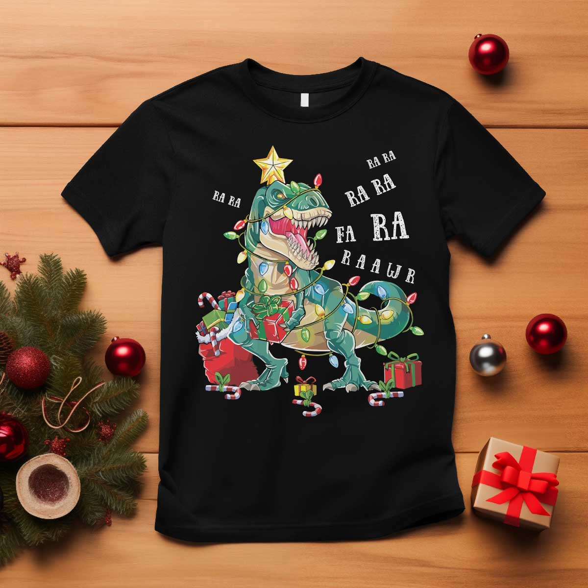 Dinosaur Christmas T Shirt Tree Lights Xmas Boys Men TS10 Black Print Your Wear