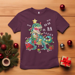 Dinosaur Christmas T Shirt Tree Lights Xmas Boys Men TS10 Maroon Print Your Wear