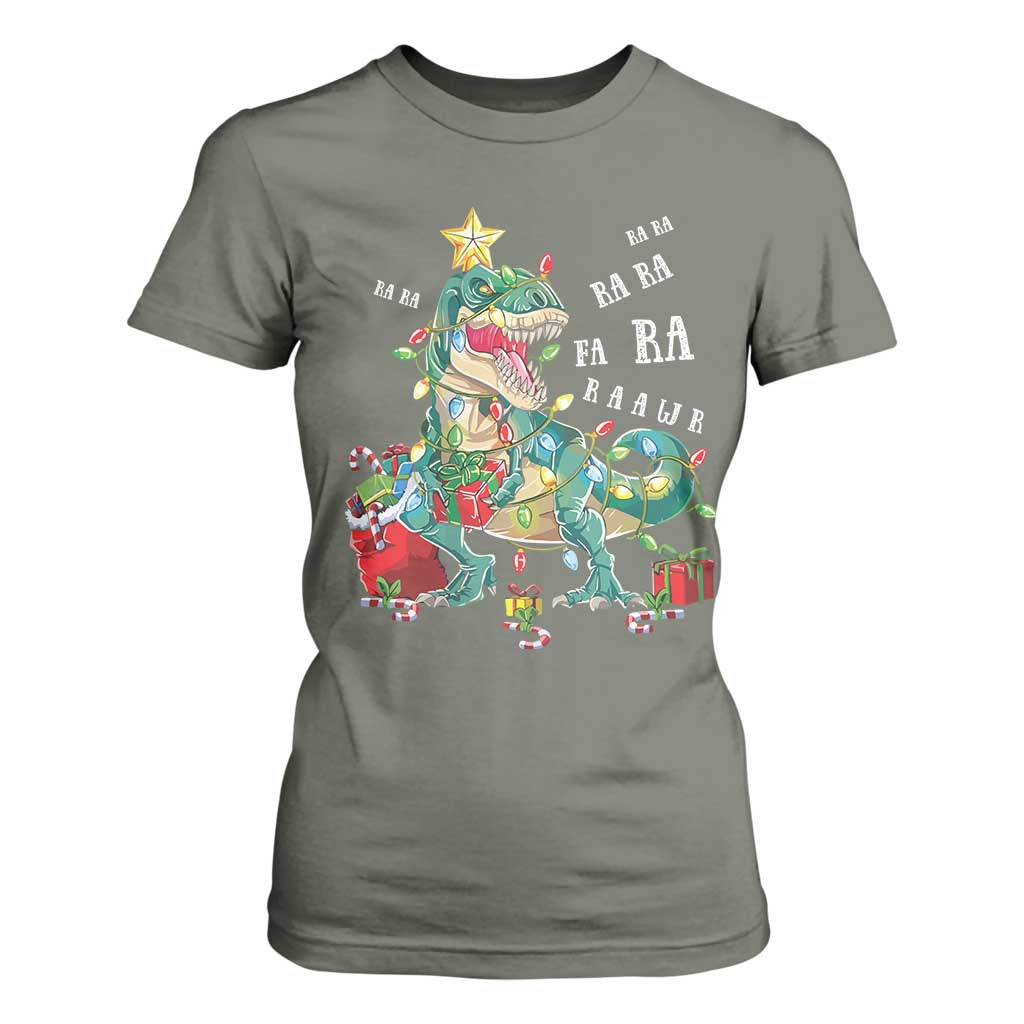 Dinosaur Christmas T Shirt For Women Tree Lights Xmas Boys Men TS10 Military Green Print Your Wear