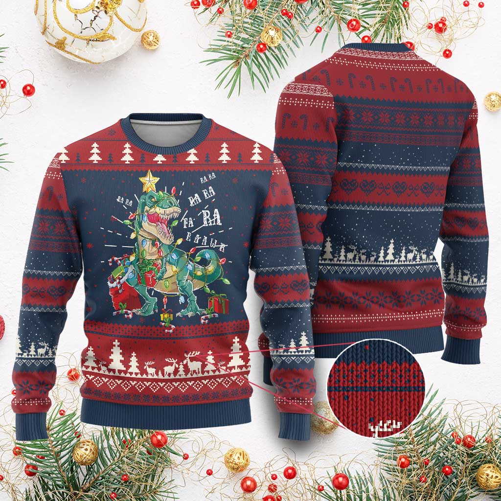 Dinosaur Christmas Knit Sweatshirt Tree Lights Xmas Boys Men - Print Your Wear