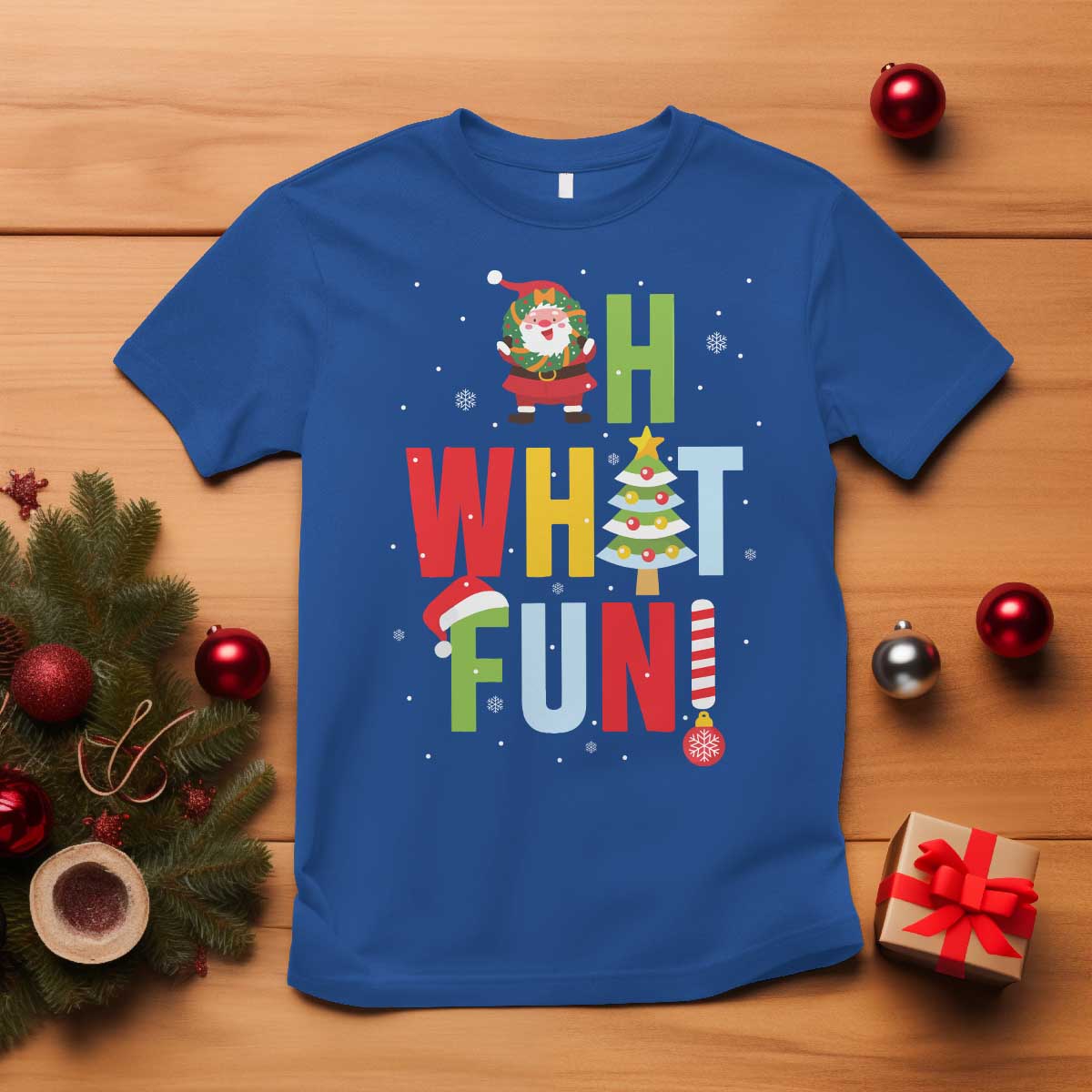 Funny Christmas Santa T Shirt Oh What Fun Christmas Tree And Wreath TS10 Royal Blue Print Your Wear