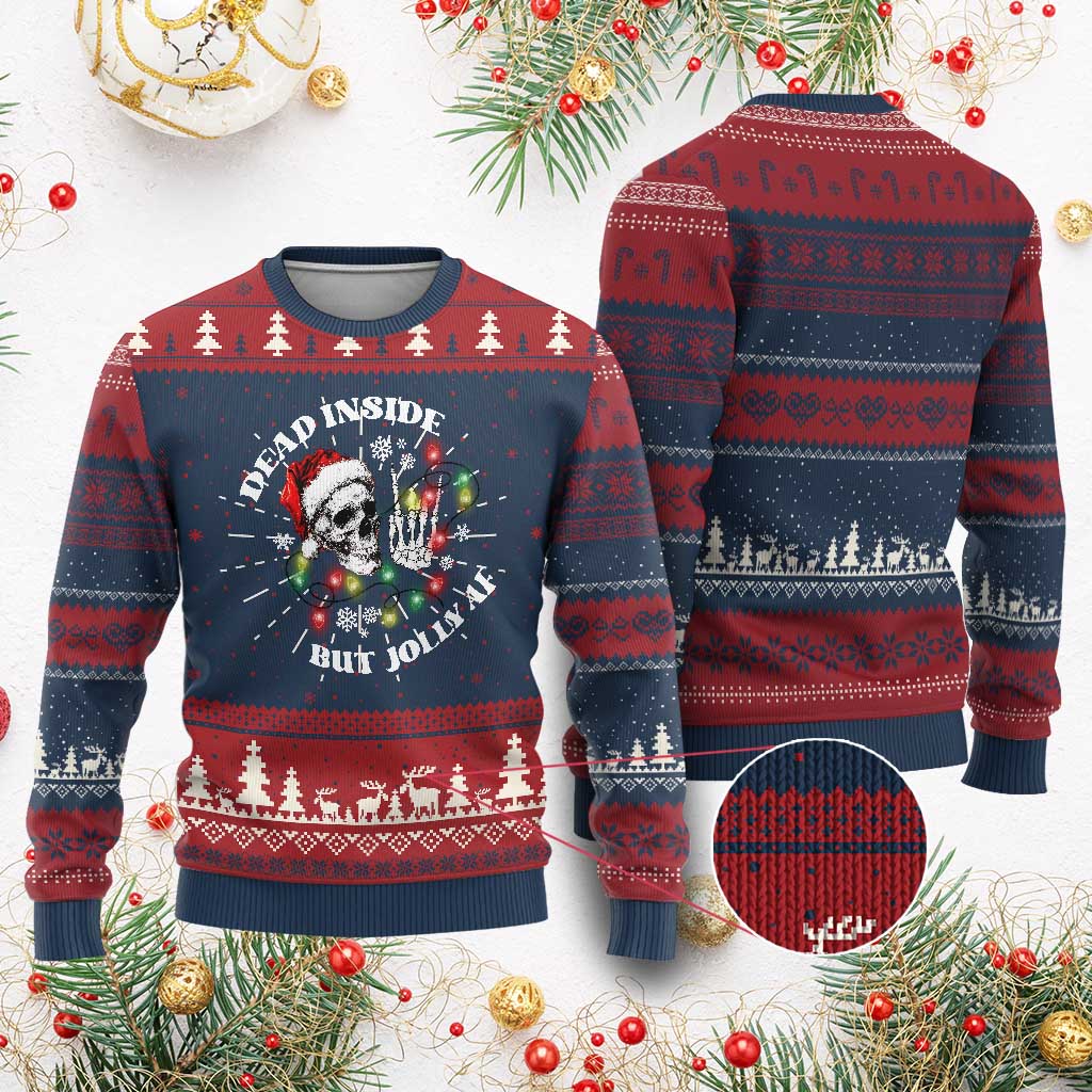 Christmas Skeleton Knit Sweatshirt Dead Inside But Jolly AF Festive Sarcastic Snarky Skull - Print Your Wear