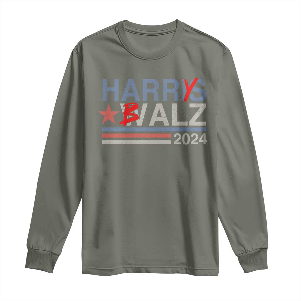 Funny Harris Walz 24 Long Sleeve Shirt Harry Balz 2024 Meme Democratics Vote TS10 Military Green Print Your Wear