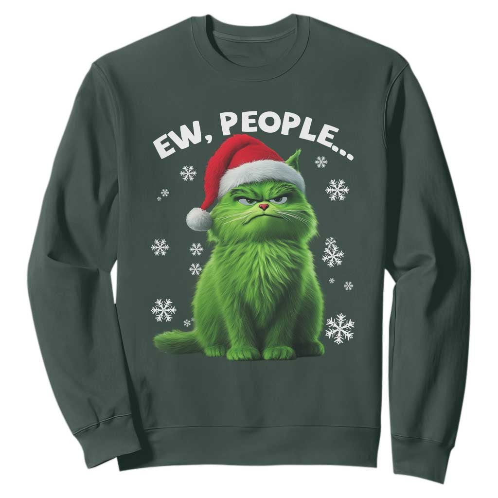 Funny Christmas Cat Sweatshirt Ew People Xmas Gag Gift TS10 Dark Forest Green Print Your Wear