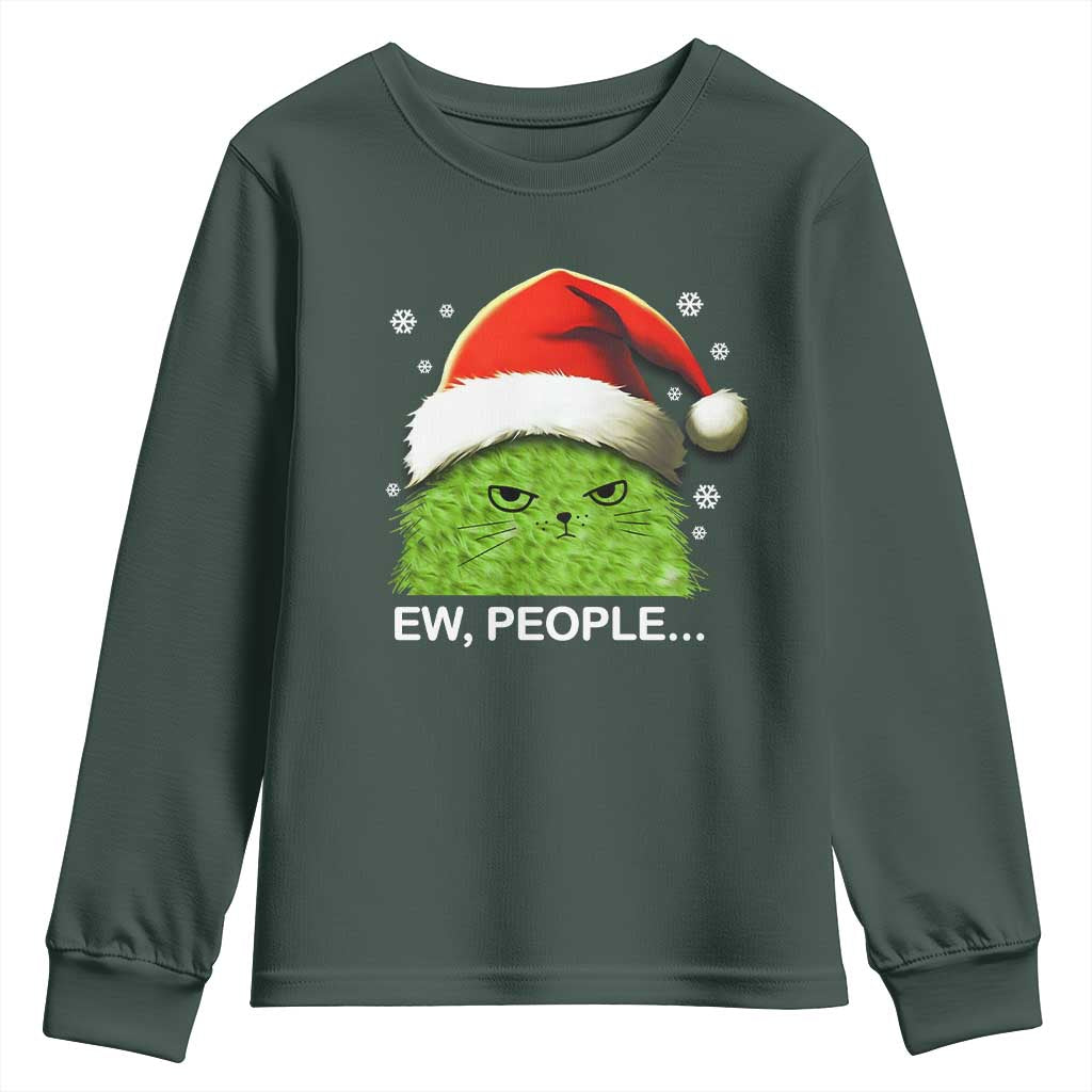 Christmas Cat Youth Sweatshirt Ew People Meowy Kitten Lovers TS10 Dark Forest Green Print Your Wear