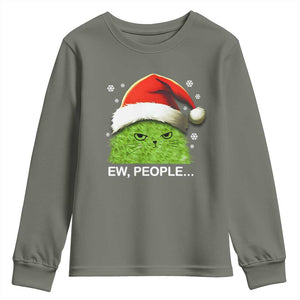 Christmas Cat Youth Sweatshirt Ew People Meowy Kitten Lovers TS10 Military Green Print Your Wear