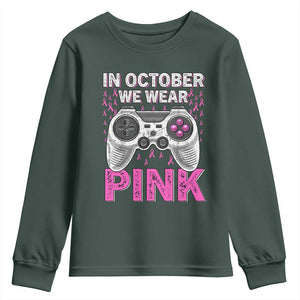 In October We Wear Pink Breast Cancer Awareness Youth Sweatshirt Pink Ribbon Gaming Kids Boys Youth Video Game TS10 Dark Forest Green Print Your Wear