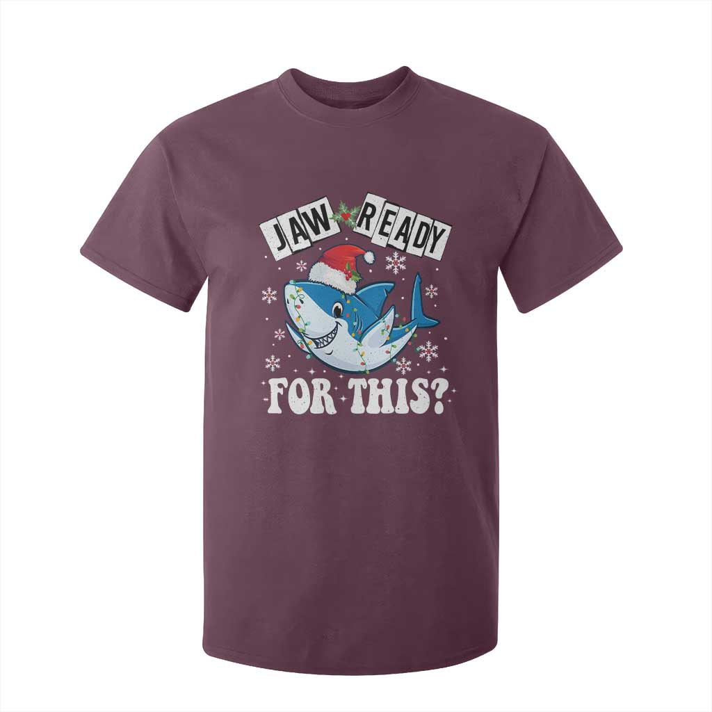 Funny Christmas T Shirt For Kid Sharkmas Shark Lights Red Santa Hat Jaw Ready For This TS10 Maroon Print Your Wear