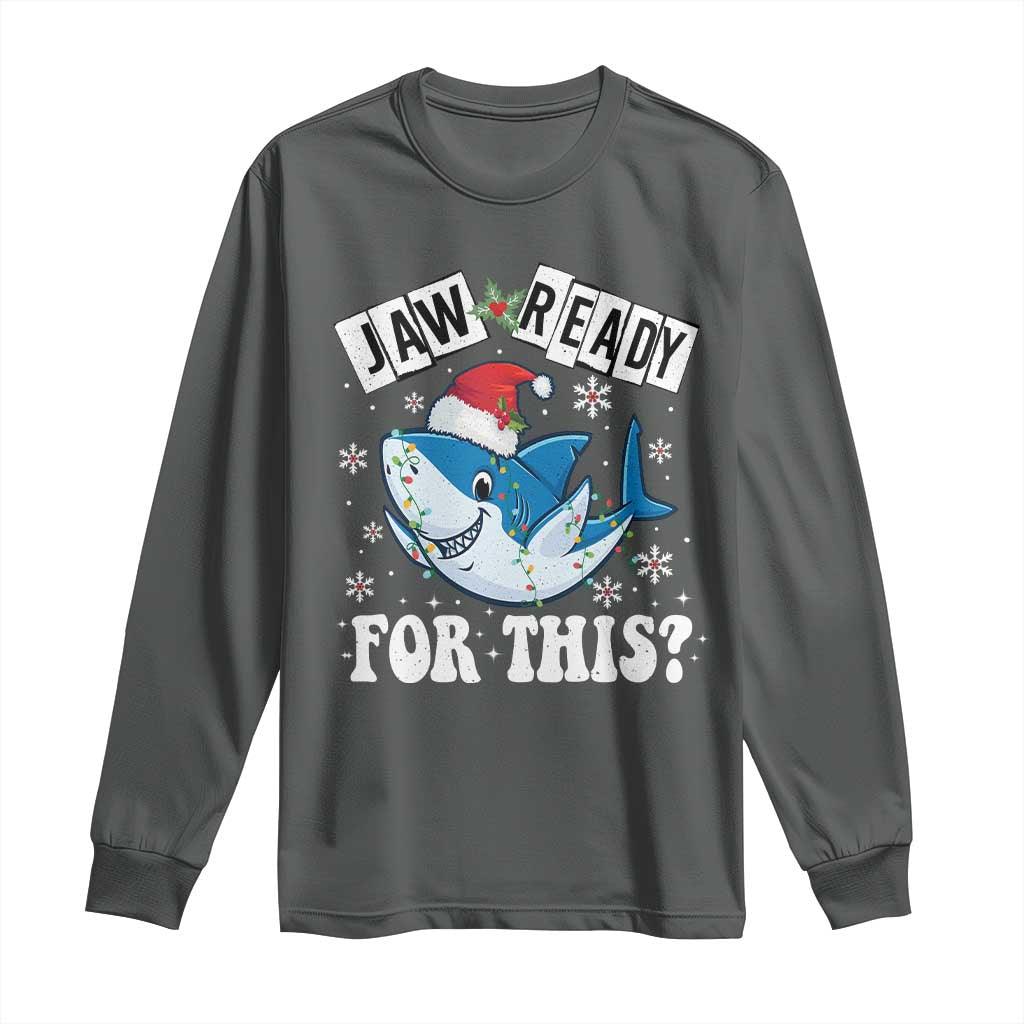 Funny Christmas Long Sleeve Shirt Sharkmas Shark Lights Red Santa Hat Jaw Ready For This TS10 Dark Heather Print Your Wear