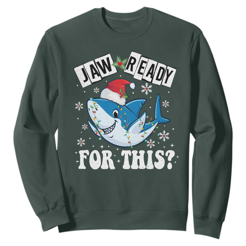 Funny Christmas Sweatshirt Sharkmas Shark Lights Red Santa Hat Jaw Ready For This TS10 Dark Forest Green Print Your Wear