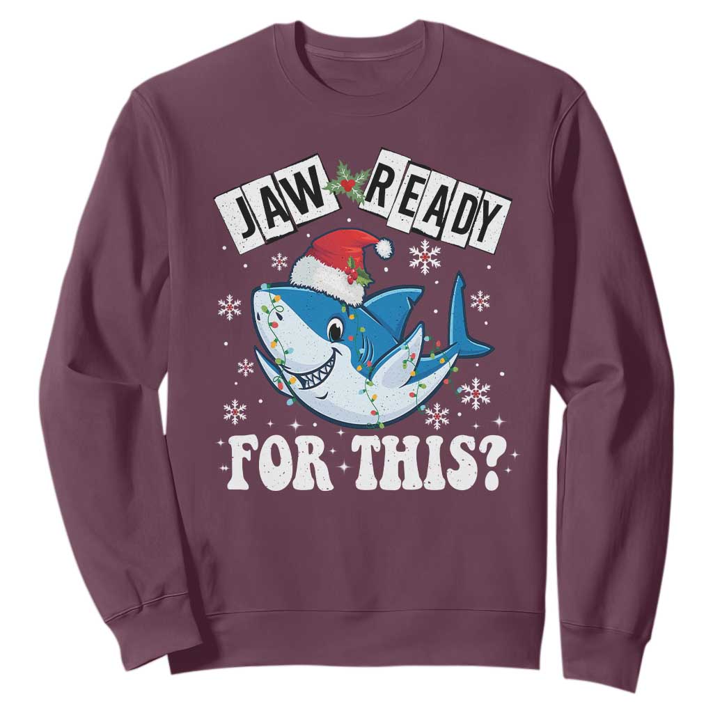 Funny Christmas Sweatshirt Sharkmas Shark Lights Red Santa Hat Jaw Ready For This TS10 Maroon Print Your Wear