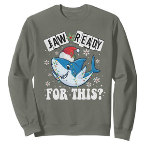 Funny Christmas Sweatshirt Sharkmas Shark Lights Red Santa Hat Jaw Ready For This TS10 Military Green Print Your Wear