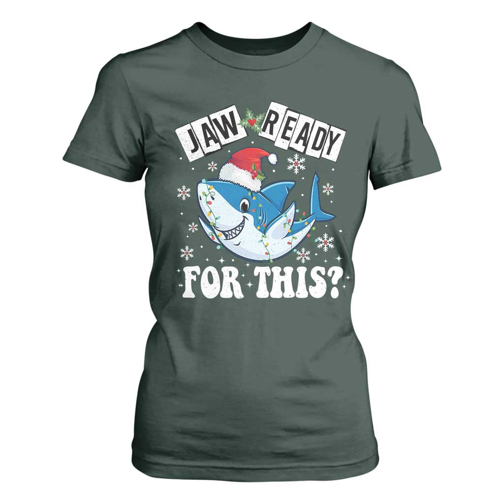 Funny Christmas T Shirt For Women Sharkmas Shark Lights Red Santa Hat Jaw Ready For This TS10 Dark Forest Green Print Your Wear