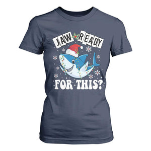 Funny Christmas T Shirt For Women Sharkmas Shark Lights Red Santa Hat Jaw Ready For This TS10 Navy Print Your Wear