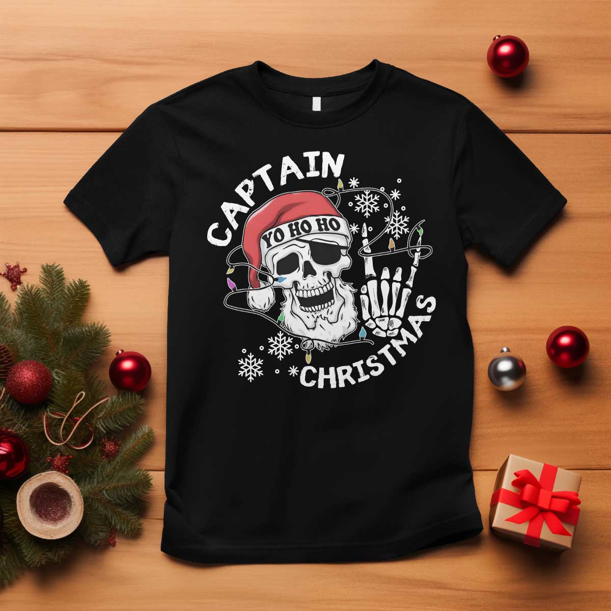 Pirate Christmas T Shirt Skull Skeleton Lights Pirates Caribbean Cruise TS10 Black Print Your Wear