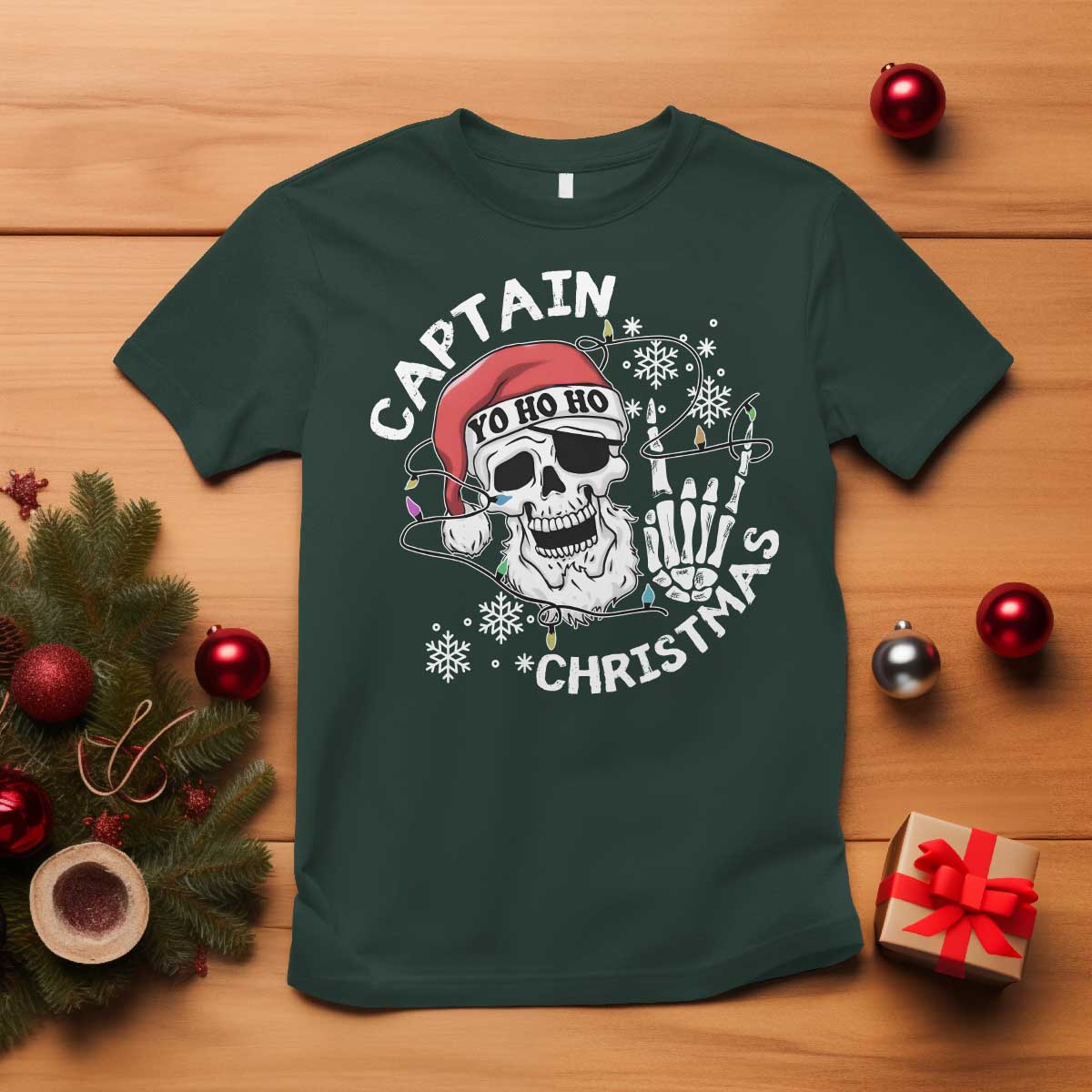 Pirate Christmas T Shirt Skull Skeleton Lights Pirates Caribbean Cruise TS10 Dark Forest Green Print Your Wear