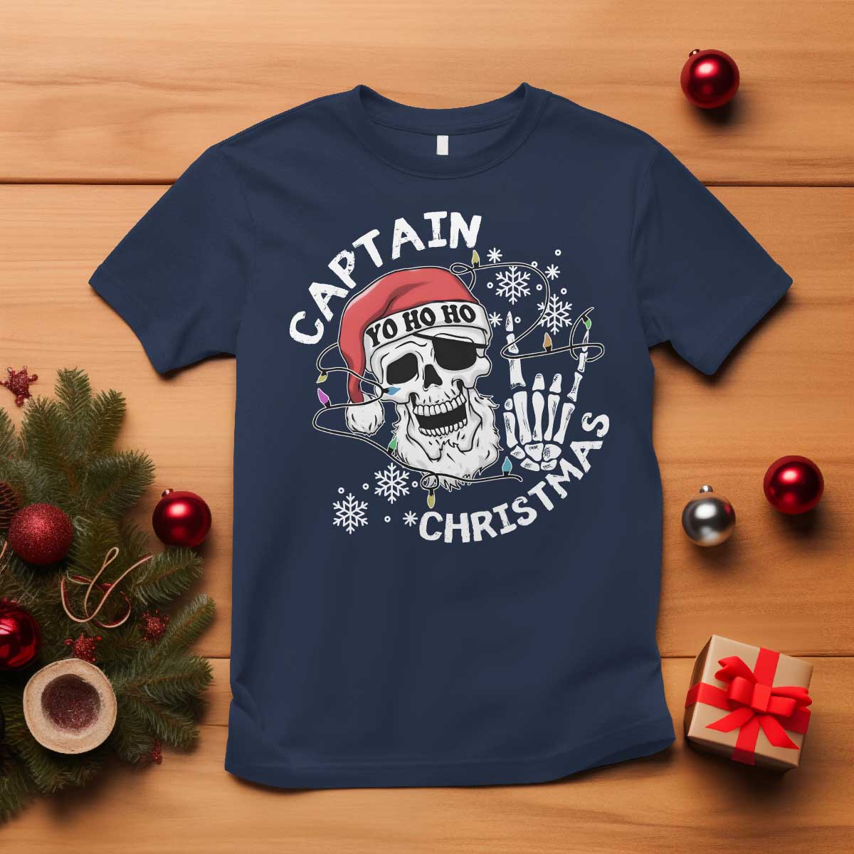Pirate Christmas T Shirt Skull Skeleton Lights Pirates Caribbean Cruise TS10 Navy Print Your Wear