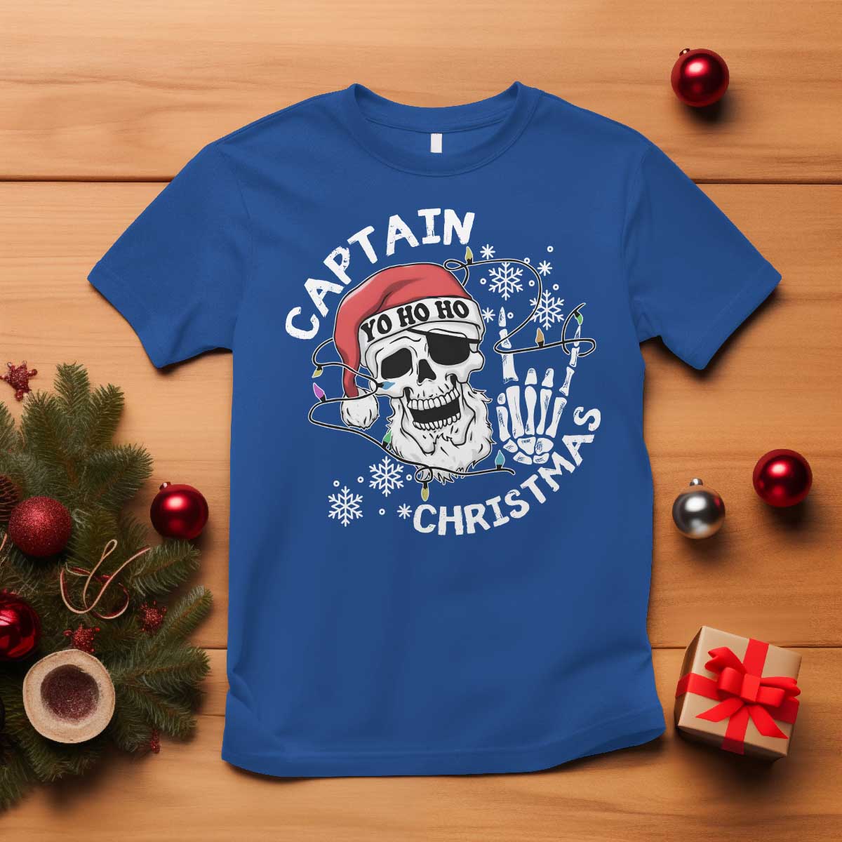 Pirate Christmas T Shirt Skull Skeleton Lights Pirates Caribbean Cruise TS10 Royal Blue Print Your Wear